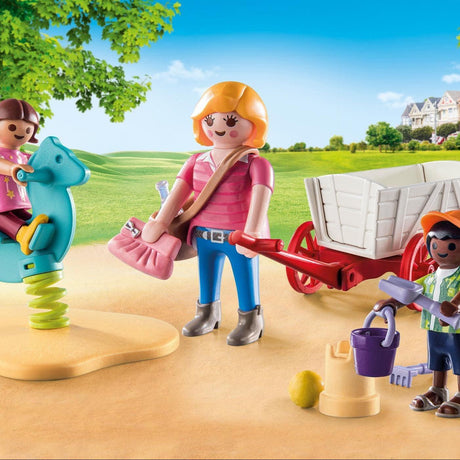 Plac zabaw Playmobil City Life z opiekunką, dziećmi i wózkiem dla lalek, 25-elementowy zestaw dla dzieci.