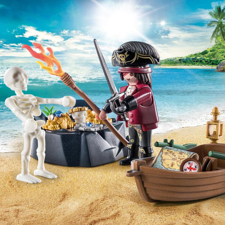 Figurka pirata na łodzi wiosłowej z Playmobil Pirates, idealny zestaw do zabawy i odkrywania pirackich skarbów.