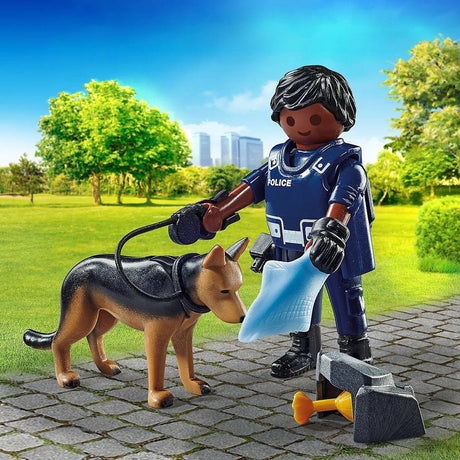 Zestaw playmobil policjant z psem tropiącym; zabawka policja; rozwija kreatywność i umiejętności manualne