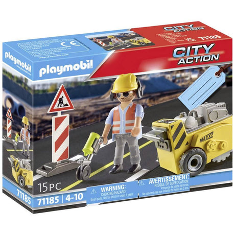 Playmobil Pracownik budowlany z frezarką, figurka z akcesoriami, tworzy realistyczne prace drogowe, idealny dla fanów policji.
