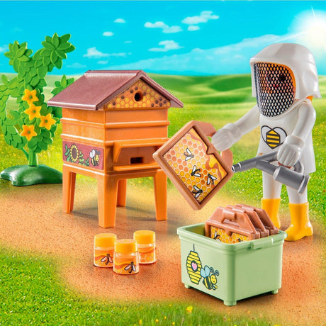 Zestaw Playmobil Ul Pszczelarka, pasieka, kolorowe elementy, pszczoły i miód, kreatywna zabawa dla dzieci.