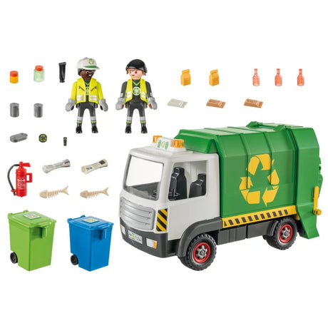 Śmieciarka zabawka Playmobil City Life Samochód do Recyklingu, zielona ciężarówka z figurkami i akcesoriami.