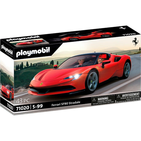 Ferrari Playmobil SF90 Stradale: realistyczne sportowe auto z otwieraną klapą, oświetleniem i zdejmowanym dachem.