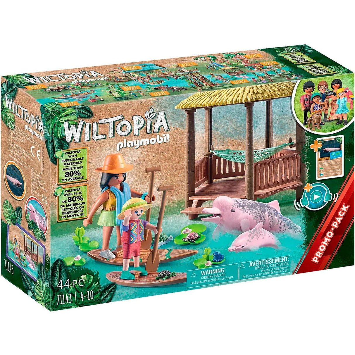 Wyprawa z delfinami rzeczonymi Playmobil Wiltopia, zestaw z badaczką na desce sup po rzekach Amazonii.