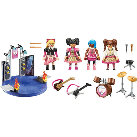 Zespół Muzyczny Playmobil City Life z trzema figurkami dziewczyn i instrumentami: gitara, perkusja, mikrofon.