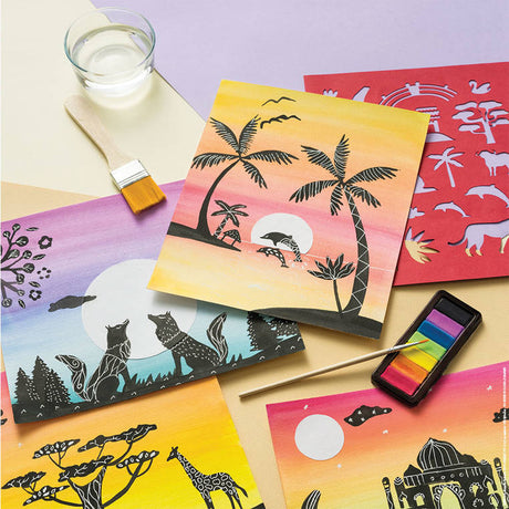 Farby akwarelowe Janod, zestaw kreatywny dla dzieci do malowania magicznych zachodów słońca z motywami zwierząt i roślinności.
