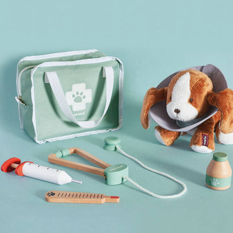Zestaw weterynarza Janod dla dzieci: 10 drewnianych i filcowych akcesoriów do kreatywnej zabawy w klinikę weterynaryjną.