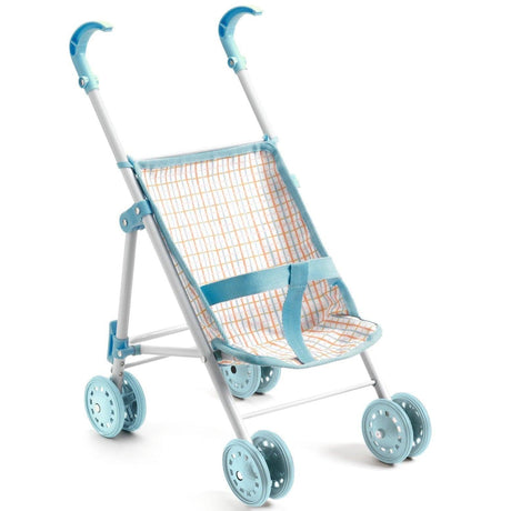 Stylowy i lekki wózek dla lalek Pomea Niebieski, kompaktowy i łatwy w składaniu, idealny na spacery i wyjazdy.