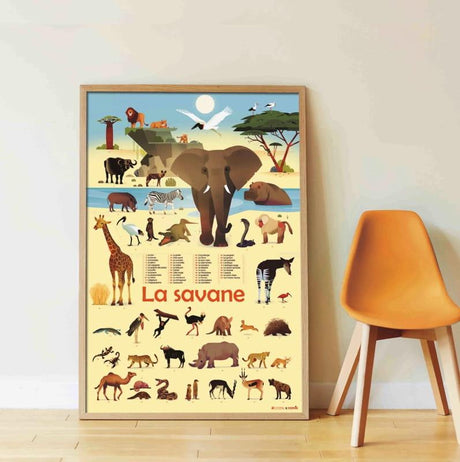 Plakat Zwierzęta Sawanna z 42 naklejkami na ścianę, edukacyjna i dekoracyjna zabawa dla dzieci.