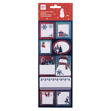 Naklejki świąteczne Apli Kids, 9 brokatowych etykiet na prezenty, idealne do dekoracji i oznaczania upominków bożonarodzeniowych.