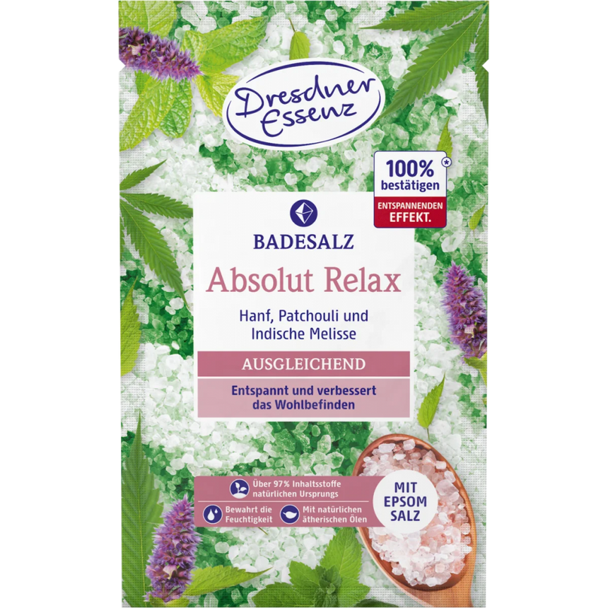 Sól do kąpieli Dresdner Essenz Relaks, sól epsom z magnezem, naturalne olejki melisa i paczula, 60g antystresowa terapia.
