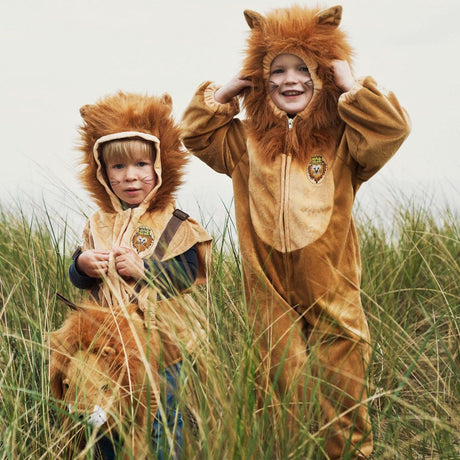 Strój lwa dla dziecka z grzywą i ogonem, idealne przebranie lwa na zabawy i przygody w stylu króla dżungli.