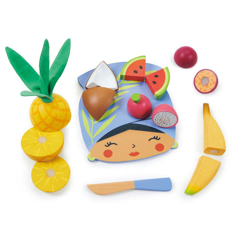 Drewniane owoce do krojenia Tender Leaf Toys na desce dla dzieci, w tym arbuz, ananas, banan, kokos, marakuja i smoczy owoc.