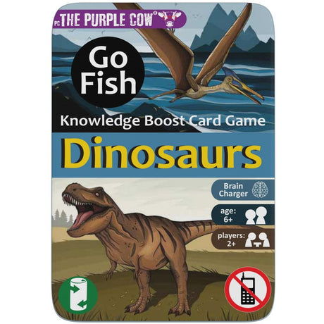 Karty do gry Go Fish Dinozaury w metalowym pudełku, rodzinne gry karciane dla dzieci i dorosłych, ciekawostki o dinozaurach.