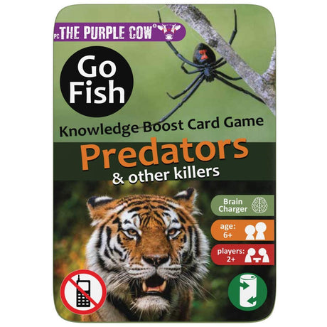 Karty Go Fish Drapieżniki The Purple Cow - podróżna gra karciana w kompaktowym metalowym pudełku, idealna dla całej rodziny.