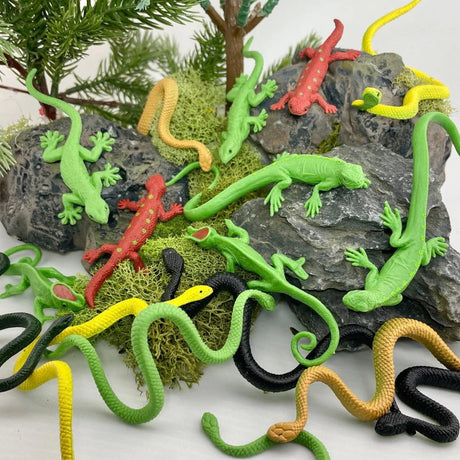 Zestaw 16 realistycznych figurek gadów Safari Ltd Toob: jaszczurki, kameleony i węże, idealne do kreatywnej zabawy dla dzieci.