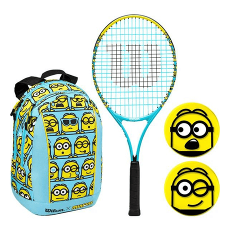Rakieta tenisowa Wilson Select Minions 2.0 Junior Kit 25 dla dzieci z plecakiem i amortyzatorami, lżejsza rękojeść, zabawny design.
