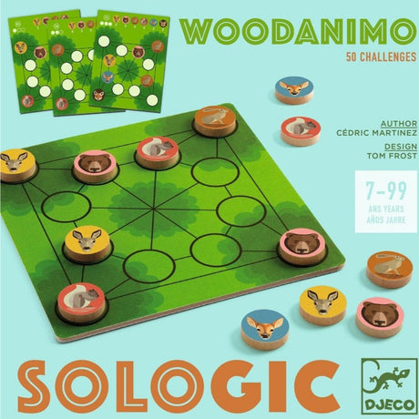 Gra logiczna Djeco Woodanimo, łamigłówka z drewnianymi żetonami, trzy poziomy trudności, rozwija logiczne myślenie.