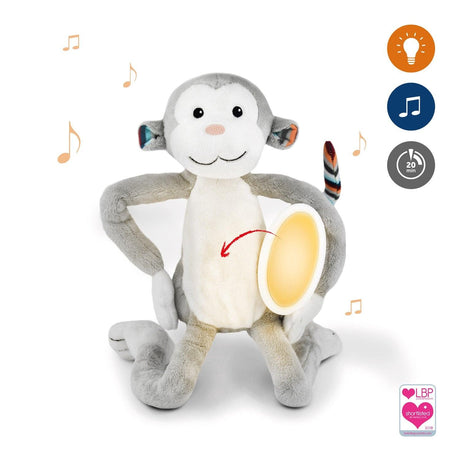 Pluszowa lampka nocna Zazu Max małpka dla dzieci, miękka i grająca uspokajające melodie, pomaga spokojnie zasnąć.