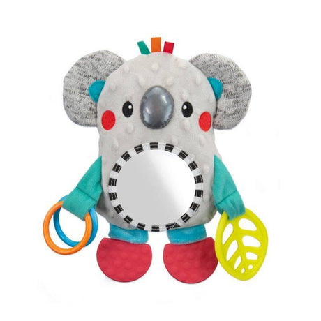 Zabawka sensoryczna miś koala z lusterkiem, w różnych fakturach i kolorach, jako zawieszka do wózka dla dzieci.