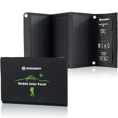 Ultrakompaktowy panel solarny Bresser 21W, ładowarka słoneczna do smartfonów i tabletów, idealna na podróż.