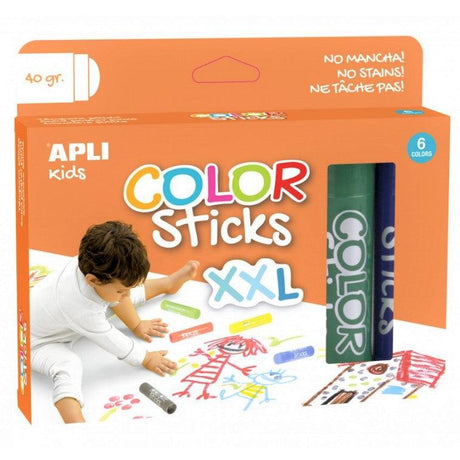 Zestaw kredek Apli Kids Color Sticks XXL 6 kolorów, które są farbami dla dzieci, szybko wysychają i nie brudzą.