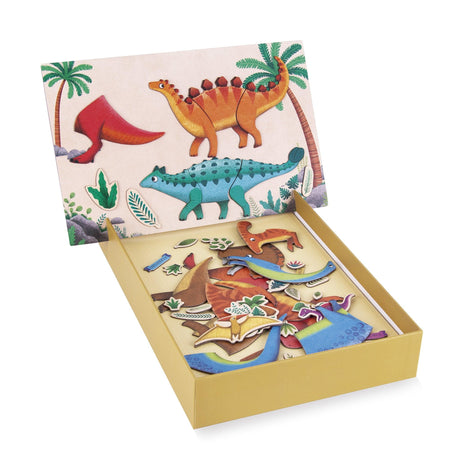 Klocki magnetyczne dinozaury Apli Kids, kreatywna układanka dinozaury z tyranozaurem i diplodokiem dla dzieci.