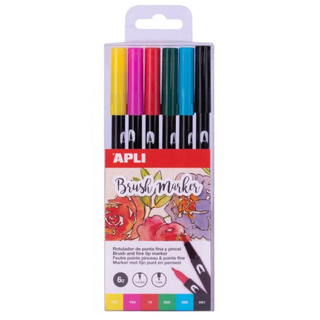 Dwustronne Markery Apli Kids Brush, 6 intensywnych kolorów, precyzyjna końcówka i pędzel, idealne do akwareli.