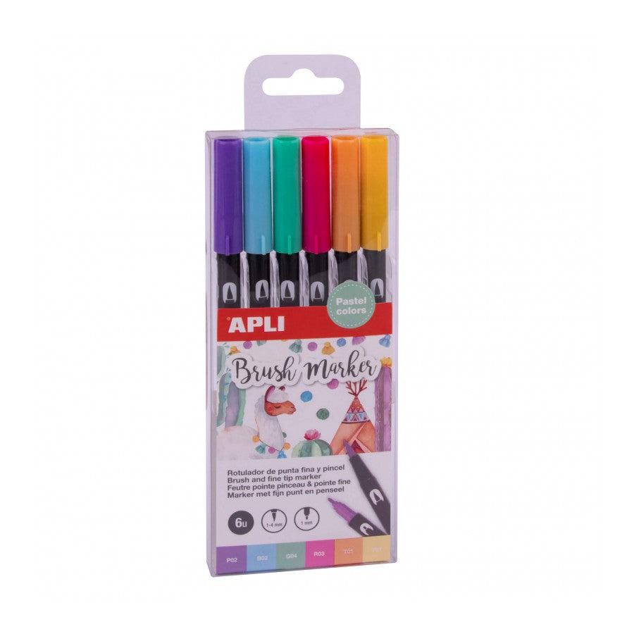 Apli Kids: markery dwustronne pastelowe Brush Marker 6 kolorów - Noski Noski