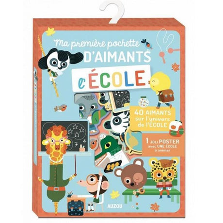 Duże, kolorowe magnesy edukacyjne dla dzieci od Auzou, idealne na prezent; zestaw 40 magnesów i plakat.