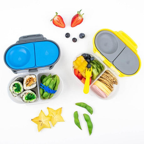 B.box Snackbox Lunchbox, poręczna śniadaniówka z elastyczną uszczelką na całe owoce i szczelnymi przegrodami na wilgotne przekąski.
