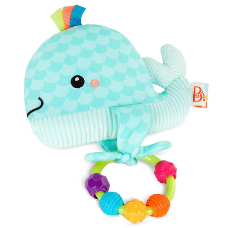 Grzechotka sensoryczna B.toys Whimsy Whale, różnorodne faktury i szeleszczące elementy, idealna dla niemowlaka.