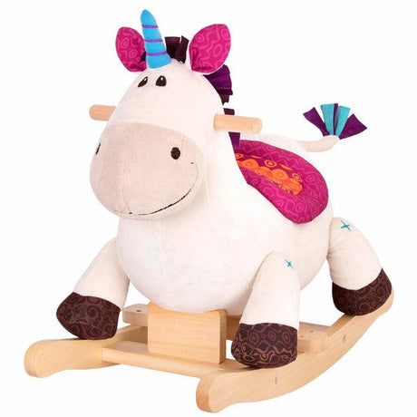 Pluszowy, drewniany konik na biegunach B.toys Dilly-Dally jednorożec, idealny dla dzieci; bezpieczna i komfortowa zabawa.