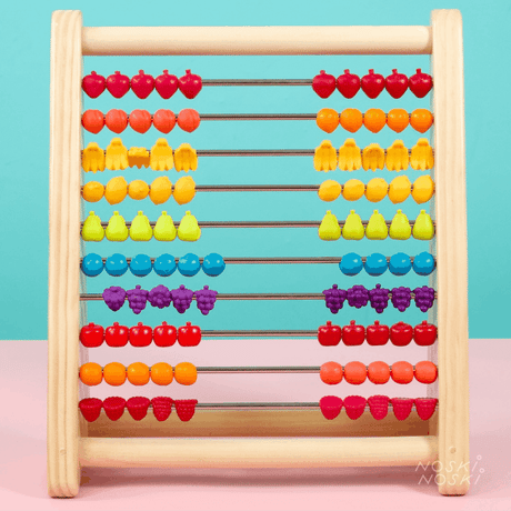 Liczydło drewniane B.toys Two-ty Fruity Mini, kolorowe owoce, pomoc naukowa dla dzieci, nauka liczenia przez zabawę.