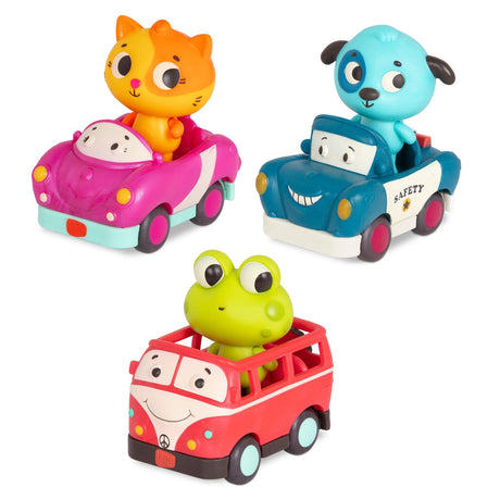 Zestaw trzech autek dla dzieci B.toys Light Up Cars z lampami, odgłosami i figurkami zwierząt, idealne do zabawy i rozwoju.