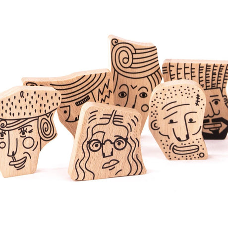Układanka Klocki Drewniane Bajo Crowd – 14 unikalnych główek do kreatywnej zabawy i dekoracji, idealna dla dzieci.