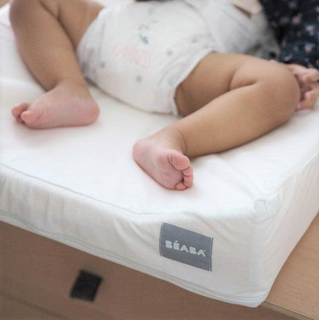 Miękki przewijak anatomiczny Béaba Sofalange dla niemowlaka, komfort i bezpieczeństwo podczas codziennej pielęgnacji.