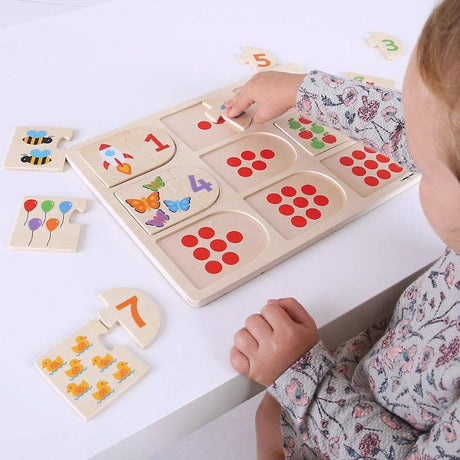 Puzzle Drewniane Bigjigs Toys Cyfry i Obrazki, edukacyjne, 18 elementów, uczą cyfr i liczenia, idealne dla dzieci.