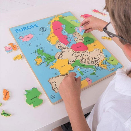 Drewniane puzzle Bigjigs Toys Mapa Europy – kolorowa układanka rozwijająca zdolności manualne i znajomość geografii.