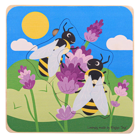 Drewniane puzzle warstwowe Bigjigs Toys przedstawiające cykl życia pszczoły, idealne dla dzieci.