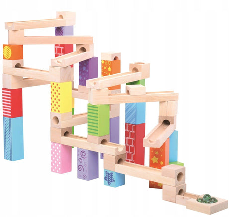 Klocki konstrukcyjne drewniane dla dzieci Bigjigs Toys Kulodrom, 53 kolorowe elementy do toru przeszkód dla kulek