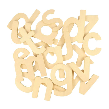 Drewniane literki do druku małe a-z Bigjigs Toys z lekkiej brzozowej sklejki, idealne szablony liter do nauki i zabawy.