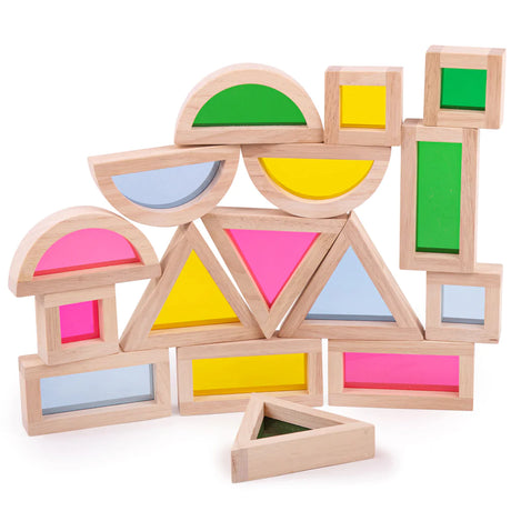 Drewniane klocki sensoryczne Montessori Bigjigs Toys rozwijające wyobraźnię i kreatywność dziecka poprzez zabawę kształtami i światłem.