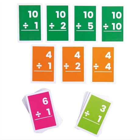 Fiszki matematyczne Bigjigs Toys do nauki mnożenia i dzielenia 1-10, 65 jasnych kart z kropkami, karty do nauki matematyki.