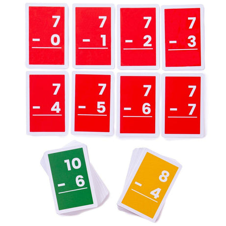 Karty matematyczne Bigjigs Toys do nauki odejmowania 1-10 z wyrazistym tłem, idealne karty do nauki matematyki dla dzieci.