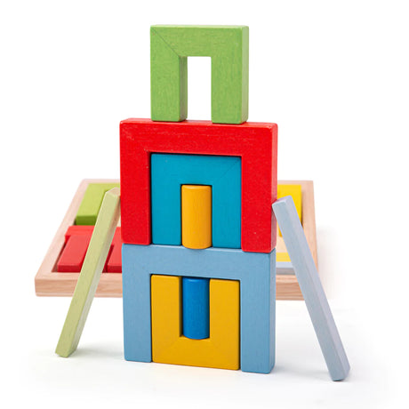 Kolorowe, drewniane klocki konstrukcyjne Bigjigs Toys rozwijają wyobraźnię i motorykę u dzieci, idealne do kreatywnej zabawy.