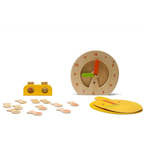 Drewniany zegar do nauki godzin Bs Toys dla dzieci, idealny do nauki odczytywania czasu przez zabawę.