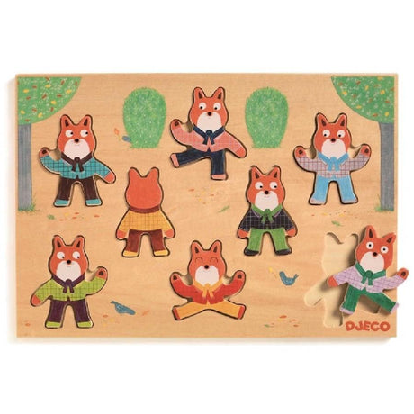 Puzzle drewniane Djeco Foxymatch - układanka edukacyjna z kolorowymi liskami rozwijająca zdolności manualne dzieci.