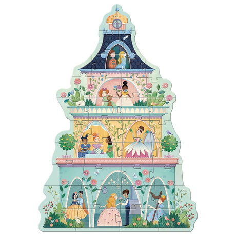 Gigantyczne puzzle dla dzieci, 36 dużych elementów, z grafiką księżniczek, Djeco, wytrzymały karton, wieża księżniczek.