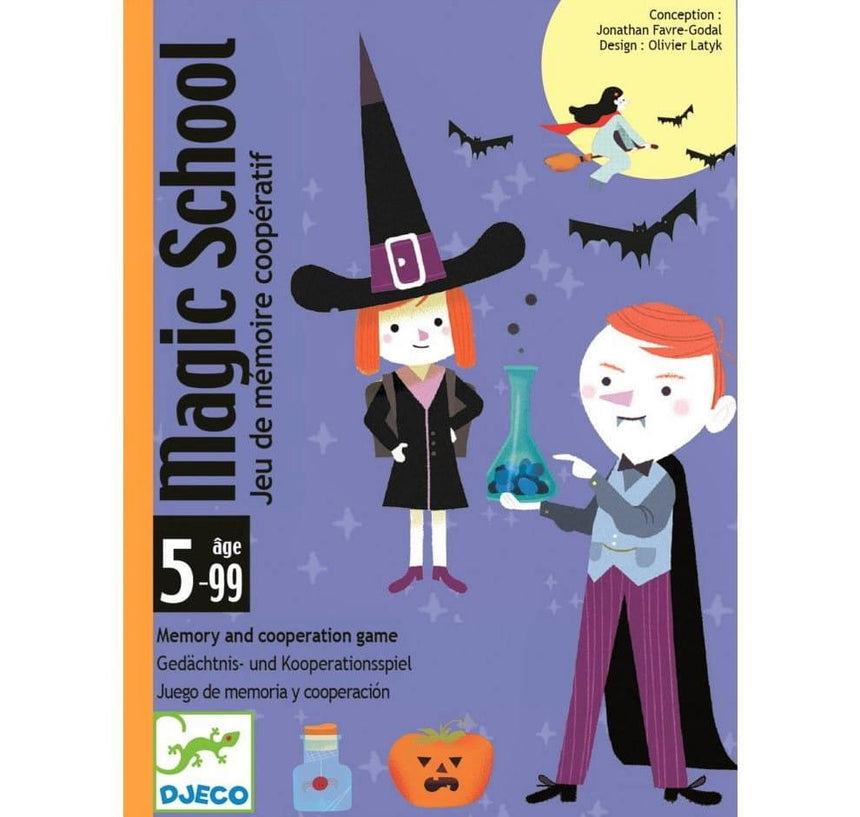 Gra dla dzieci Djeco Magic School, gry karciane o tematyce magii, ćwiczy spostrzegawczość i współpracę.